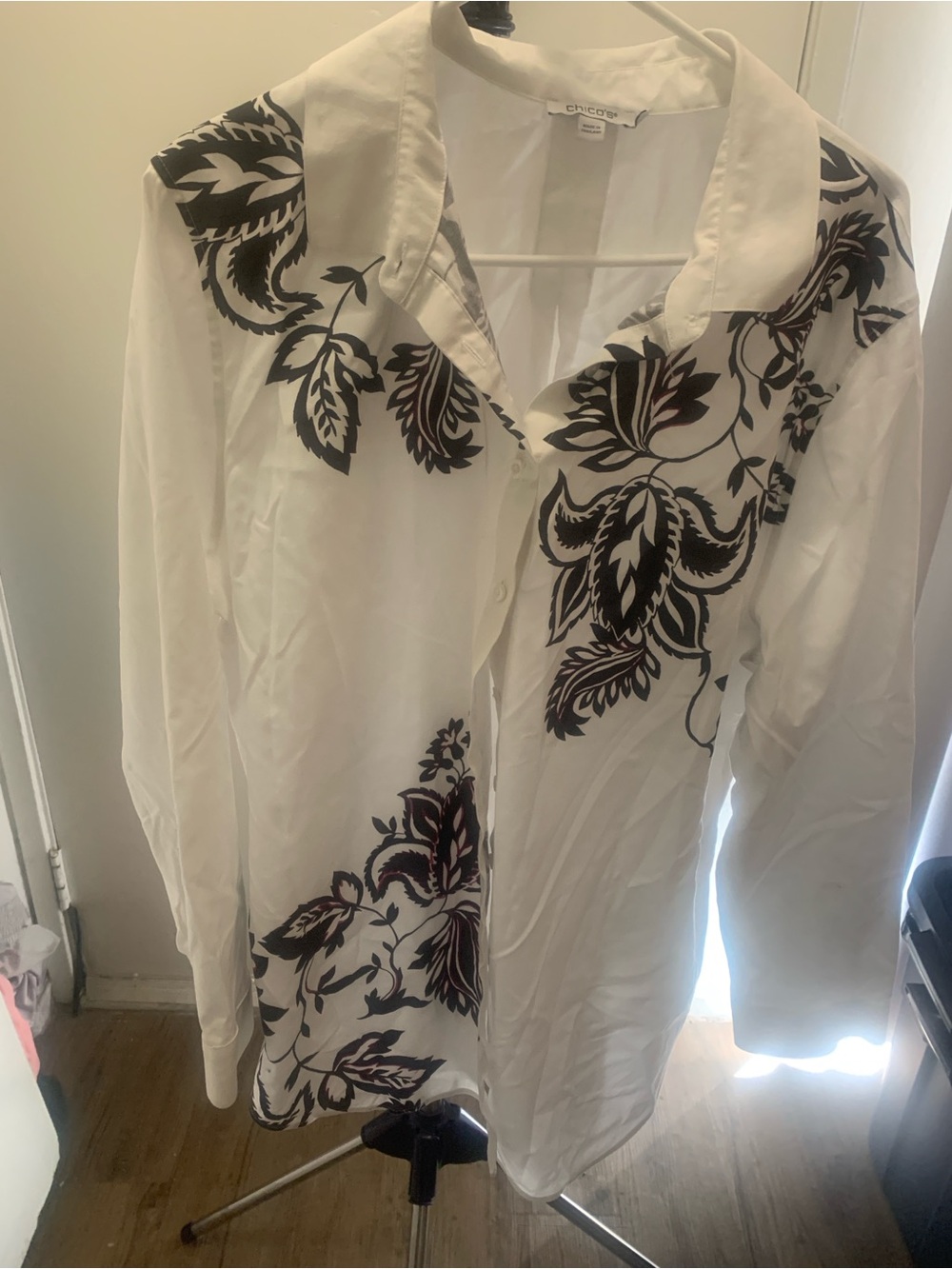 Chico's White Blouse with Black Botanical Print